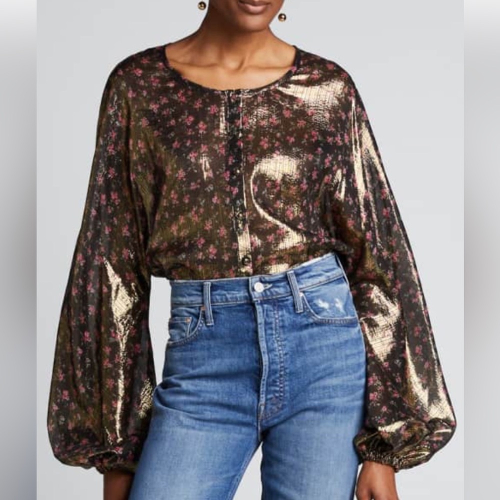 LoveShackFancy Metallic Adeline Floral print Blouse puff sleeve size S
